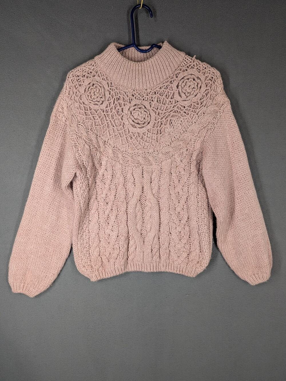 Vintage Shenanigans Sweater Womens Medium Pink Knit Crochet Grannycore